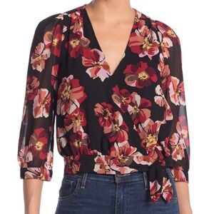 Madewell Size S Black Red Floral Printed Blouse 3/4 Shear Sleeves V-Neck Top